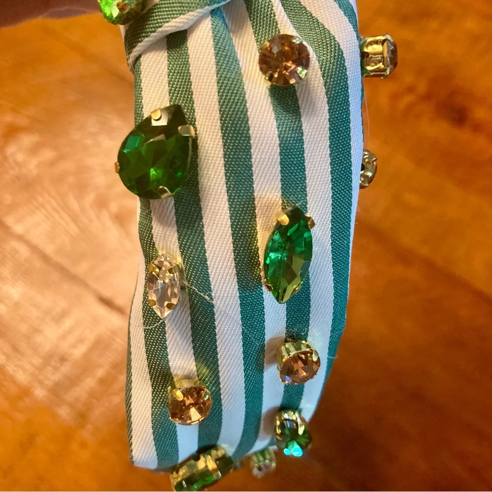 NEW Piper K Striped Knotted Headband with Goldtone, Green and Clear Rhinestones